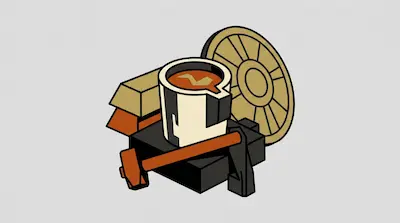 A crucible filled with molten metal sits on an anvil alongside a hammer, a gold bar, and a gear.