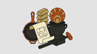 A stylized arrangement of a skillet, gold ingots, a scroll with a diagram, a cauldron, and a hammer.