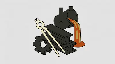 A ladle pours molten metal next to a gear, tongs, and two I-beams.