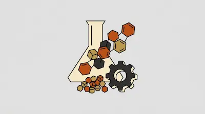 A cream-colored laboratory flask is surrounded by a black gear and several connected hexagonal and cubic shapes in shades of orange, tan, and gray.