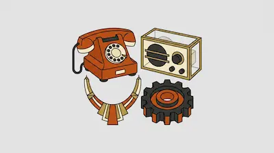 A collection of retro-style objects including an orange rotary telephone, a vintage radio, a geometric necklace, and a mechanical gear.