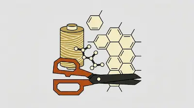A spool of thread and a pair of scissors are grouped with several chemical molecular structures.