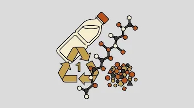 A plastic bottle, a recycling symbol with the number one, a molecular chain, and a pile of small plastic pellets.