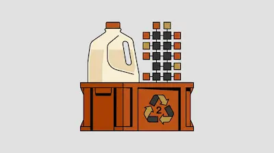 A white plastic jug and a molecular structure sit atop a brown crate marked with a recycling symbol and the number two.