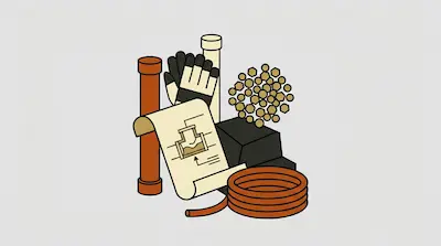 An assortment of industrial supplies including pipes, work gloves, a technical diagram, and a coil of copper tubing.