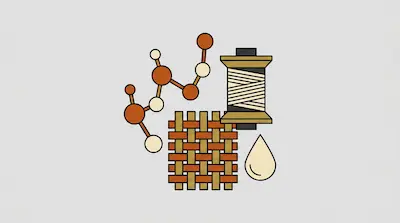 A molecular structure, a spool of thread, a woven fabric swatch, and a liquid droplet.