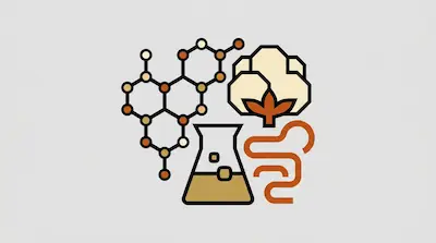 A stylized graphic featuring a molecular structure, a cotton boll, a laboratory flask, and a winding orange line.