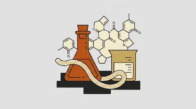 An orange flask and a tan beaker are surrounded by a thick braided rope against a background of complex chemical structures.