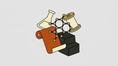 A collection of stylized icons including a laboratory flask, a spool of thread, a molecular structure, a roll of material, and dark blocks.