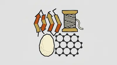 Four stylized icons arranged in a square, featuring connected arrows, a spool of thread, an oval shape, and a hexagonal lattice.