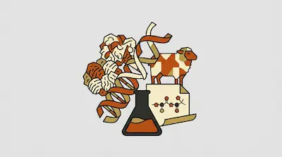 A sheep stands on a scroll with a chemical formula, surrounded by a DNA double helix, a protein structure, and a laboratory flask.