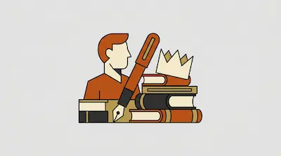 Flat illustration of a man with a fountain pen, a stack of books, and a crown on a light gray background