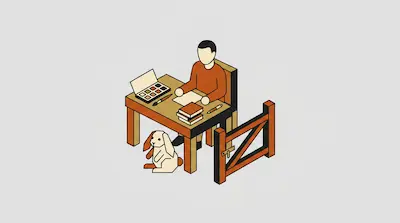 Flat isometric illustration of a person painting at a desk with a rabbit sitting below and a wooden gate nearby