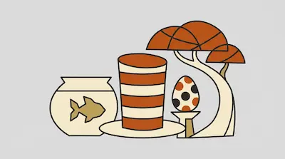 Flat illustration of a fishbowl, a striped top hat, a spotted egg, and stylized orange trees on a gray background