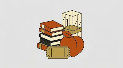 Flat illustration of a stack of books, a peach, a ticket, and a glass display case on a light gray background