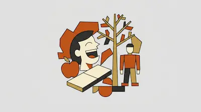 Flat illustration of a laughing face, a leafless tree, and a small human figure in orange and tan tones