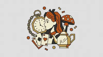 Flat illustration of a girl surrounded by a pocket watch, playing cards, a teapot, and a mushroom on a grey background