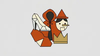 Flat illustration of fairy tale icons including a glass slipper, a red hooded cloak, and a wooden puppet head