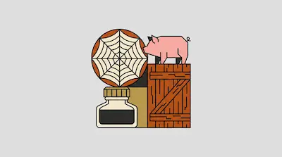 Flat illustration of a pink pig standing on a wooden crate next to a spiderweb and an ink bottle on a gray background