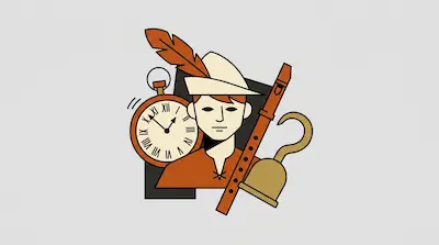 Flat illustration of a boy in a feathered hat surrounded by a pocket watch, a flute, and a hook on a grey background