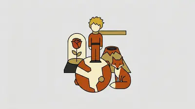 Flat illustration of a boy standing on a small planet with a fox, a rose in a glass dome, and a volcano.