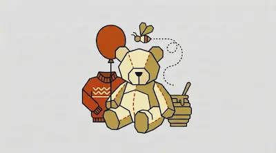 Flat illustration of a geometric teddy bear with a red balloon, a sweater, and a honey pot on a gray background.