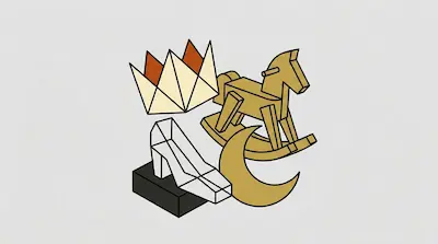 Flat illustration of a geometric crown, a wooden rocking horse, a crescent moon, and a glass slipper on a grey background