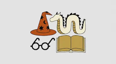 Flat illustration of an orange wizard hat, a cream dragon, round glasses, and an open book on a light gray background