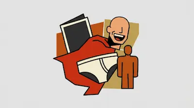 Flat illustration of a smiling bald man in a red cape with a pair of briefs and a small brown figure