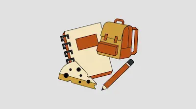 Flat illustration of a spiral notebook, a small backpack, a pencil, and a slice of cheese on a gray background