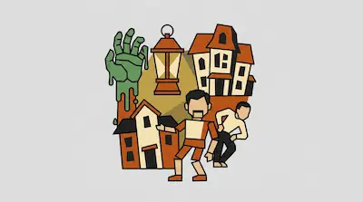 Flat illustration of a green zombie hand, a lantern, a haunted house, and two blocky human figures on a gray background