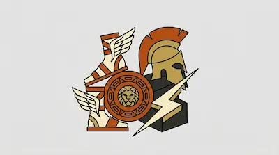 Flat illustration of Greek mythology items including winged sandals, a lion shield, and a Spartan helmet on a grey background