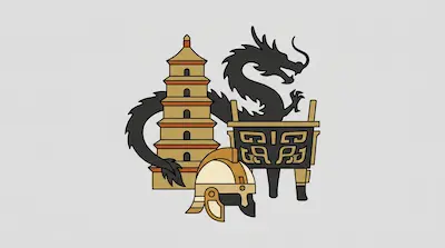 A black dragon silhouette stands behind a multi-tiered pagoda, a decorative bronze vessel, and a Roman helmet.