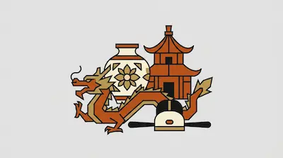 Flat illustration of an orange dragon, a floral vase, and a pagoda building in a minimalist graphic style