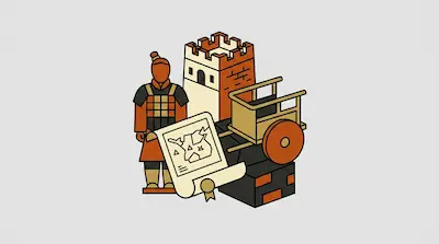 A terracotta soldier, a watchtower, a chariot, and a map scroll are clustered together.
