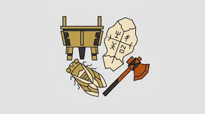 Four stylized icons including a bronze tripod vessel, an inscribed oracle bone, a cicada, and an axe.