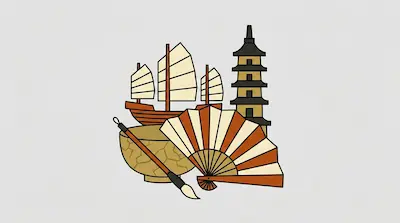 Flat illustration of a Chinese junk ship, a tall pagoda, a folding fan, and a calligraphy brush on a gray background