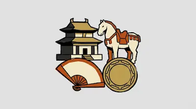 A traditional East Asian building, a saddled horse statue, a folding fan, and a circular medallion.