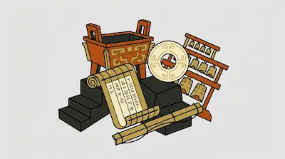 A collection of stylized ancient Chinese artifacts, including a bronze tripod vessel, chime bells, a jade disc, and bamboo scrolls.