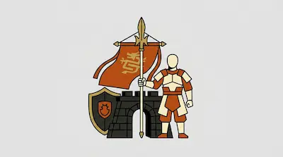 A stylized soldier in orange and cream armor holds a spear with a banner beside a stone gate and a shield.