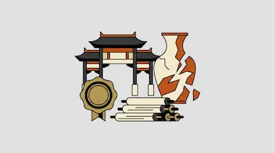 A traditional East Asian gate, a broken ceramic vase, a stack of scrolls, and a gold seal.