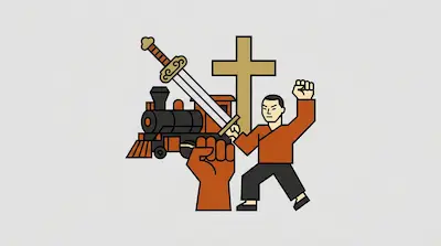 A man in an orange tunic holds a sword and raises a fist next to a steam locomotive, a large fist, and a cross.
