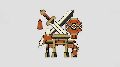 Two crossed swords, a lantern, a torii gate, and two stylized human figures in orange and tan clothing.