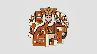 A stylized figure wearing a dragon-patterned robe, a bird-topped headdress, and long fingernail guards.