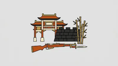A traditional East Asian gate, a stone wall, and bamboo stalks positioned above a bolt-action rifle with a bayonet.