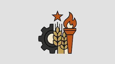 A graphic emblem featuring a gear, stalks of wheat, a torch, and a star.
