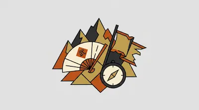 A stylized graphic featuring mountains, a folding fan with a Chinese character, a compass, and a tattered banner in earth tones.