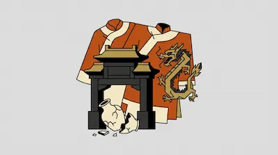 A red and cream traditional Chinese robe behind a black ceremonial gate, a golden dragon, and a broken ceramic vase.