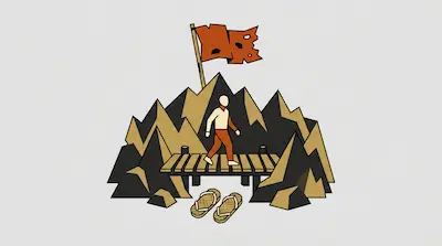A person walks across a wooden bridge set against jagged mountains with a tattered orange flag and a pair of sandals in the foreground.