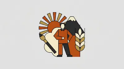 A person stands in the center of a graphic featuring a sun, a mountain, a stalk of wheat, and a paintbrush.